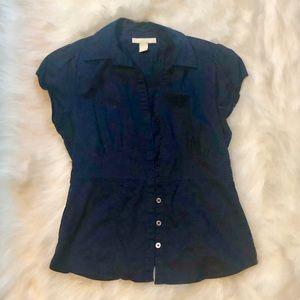 Short Sleeve Buttoned Collar Navy Blue Shirt